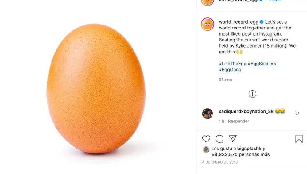 6. El récord de la foto con más «me gusta»: se trata de un huevo. Tiene 59 millones de «likes».