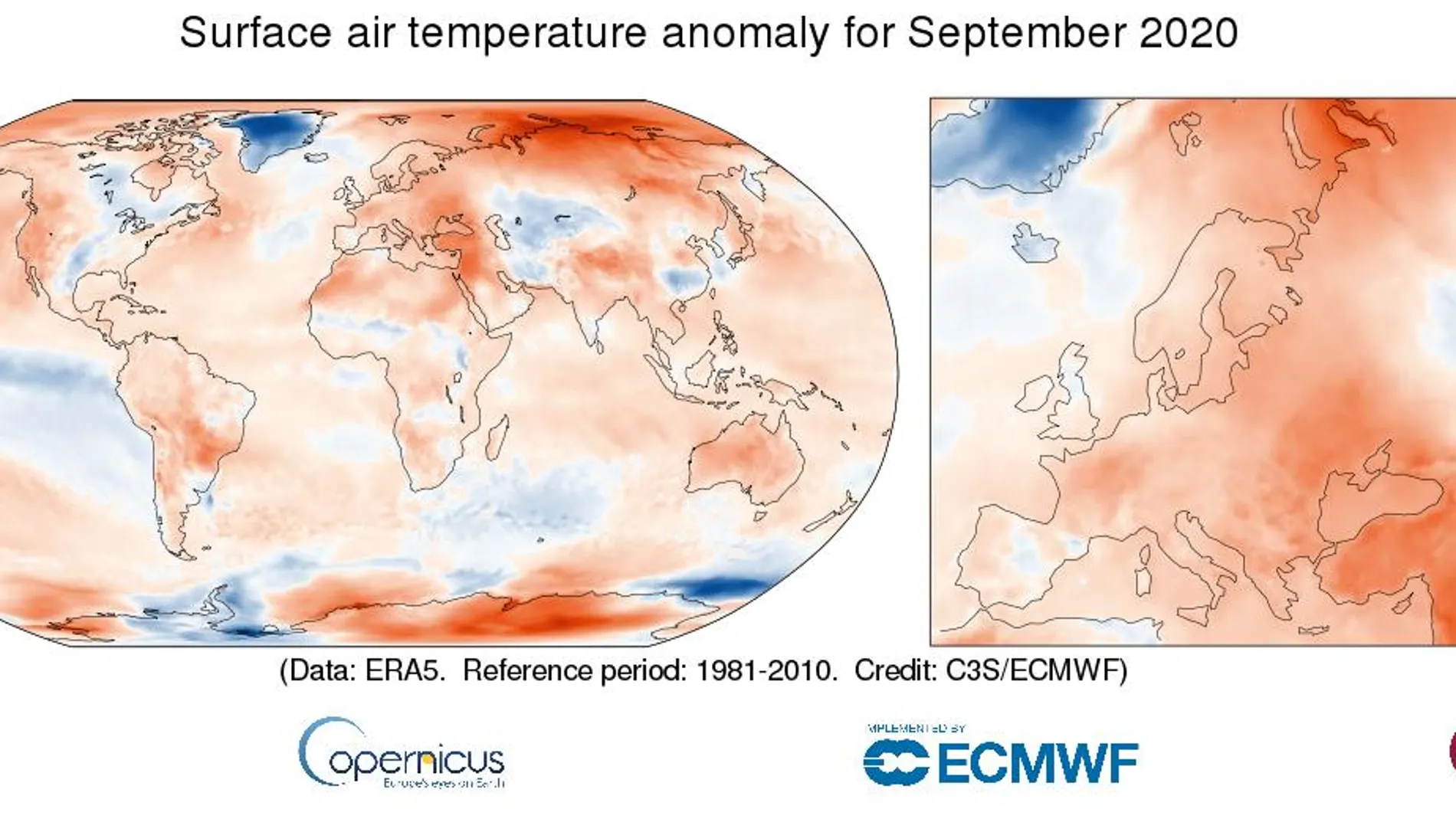Anomalía de la temperatura del aire superficial para septiembre de 2020 en relación con el promedio de septiembre para el período 1981-2010 Fuente de datos: ERA5. Crédito: Servicio de Cambio Climático de Copernicus / ECMWF.