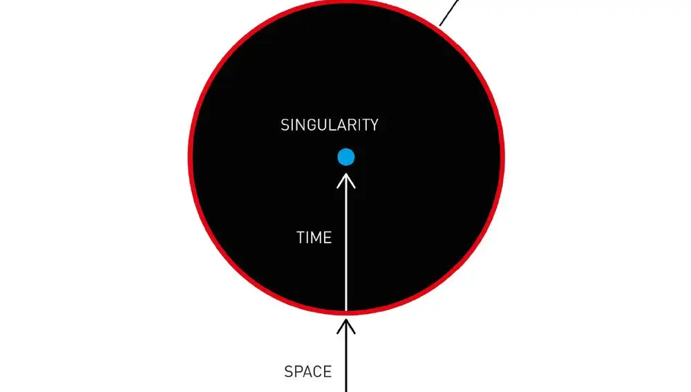 Un esquema de la estructura interna de un agujero negro, que es extremadamente simple: se trata de una región del espacio (negro) separada del exterior por una línea imaginaria llamada horizonte de sucesos (rojo). La masa y la energía dentro del agujero negro se concentran en un punto central, la singularidad (azul); el resto es espacio vacío, pero con una peculiaridad: en ese espacio sólo es posible moverse hacia la singularidad. Las ecuaciones nos explican el porqué de este movimiento obligatorio: en el interior del agujero negro la dirección que conduce a la singularidad es el tiempo. Es decir, aunque no hagamos nada ya nos estamos moviendo hacia la singularidad. En realidad esto no es tan raro: en el exterior podemos movernos libremente en las tres dimensiones del espacio, pero no en el tiempo. El tiempo es una “dirección” en la que sólo es posible moverse hacia delante. Lo que ocurre dentro del agujero negro es que la gravedad ha i