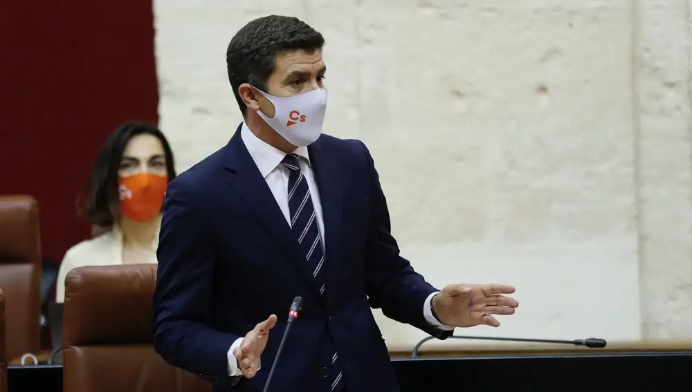 El portavoz del grupo parlamentario de Ciudadanos , Sergio Romero, durante la sesión de control al Ejecutivo en el Parlamento de Andalucía. EFE/José Manuel Vidal
