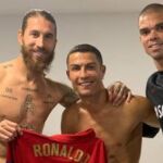 Sergio Ramos, Cristiano Ronaldo y Pepe, en el vestuario luso