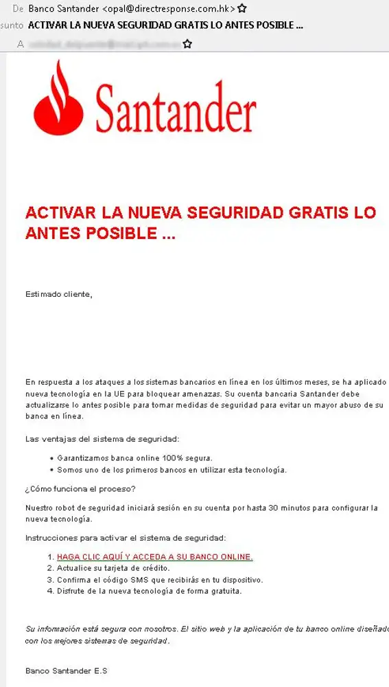Correo fraude Santander. Fuente: Oficina de Seguridad de Internauta
