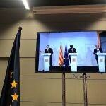 Los expresidentes de la Generalitat Artur Mas, Carles Puigdemont y Quim Torra en rueda de prensa en la Casa de la Generalitat en Perpignan (Francia)