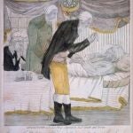 George Washington en su última enfermedad, atendidos por médicos Craig y Brown. Grabado por un artista no identificado, a comienzos del siglo XIX.