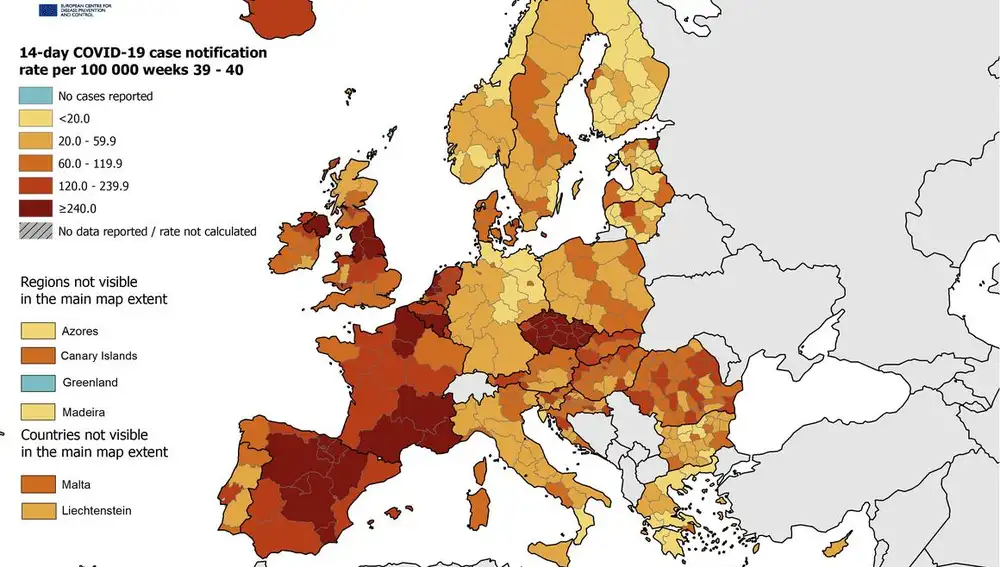 Extensión del coronavirus en las regiones europeas