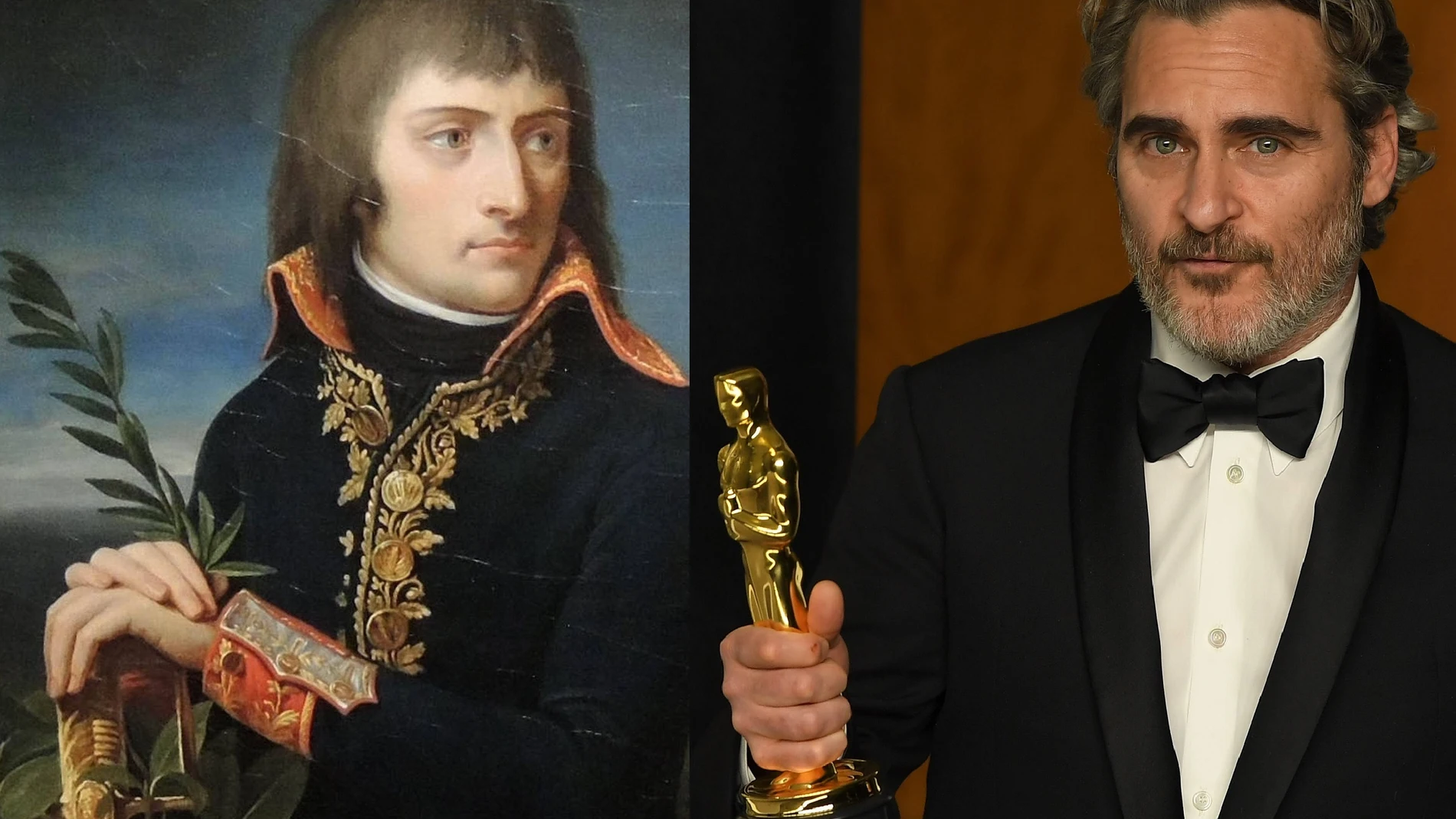 A la izquierda, retrato de Napoleon Bonaparte, por Jean-Auguste Dominique Ingres; a la derecha, Joaquin Phoenix