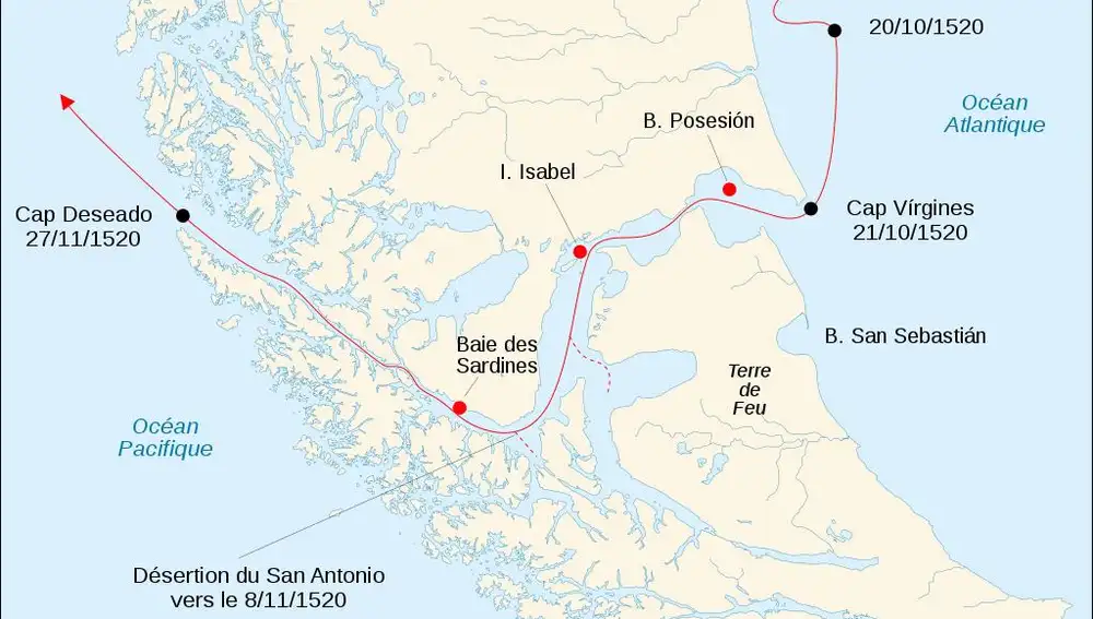 Ruta de Magallanes en el estrecho. Fuente: Wikipedia