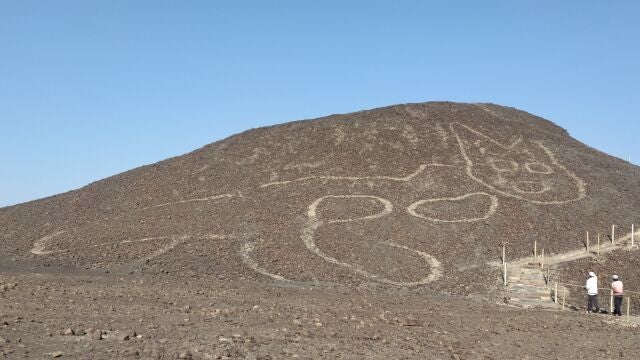 This handout photo provided by Peru's Ministry of Culture-Nasca-Palpa shows the figure of a feline on a hillside in Nazca, Peru, Friday, Oct. 9, 2020. Peruvian archaeologists carrying out maintenance work in the renowned Nazca Lines geoglyphs site have discovered the figure of a feline which was barely discerniable and almost completely erased, the Ministry of Culture reported on Friday, Oct. 16. (Jhony Islas/Peru's Ministry of Culture - Nasca-Palpa via AP)