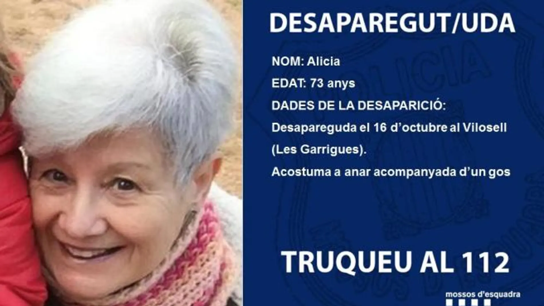 La madre de Jaume Collboni en el cartel difundido por los Mossos