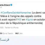 Daesh reproduce un tweet de Jean Carles Brisard, experto en terrorismo y la fotografía de la cabeza decapitada, que LA RAZÓN no difunde