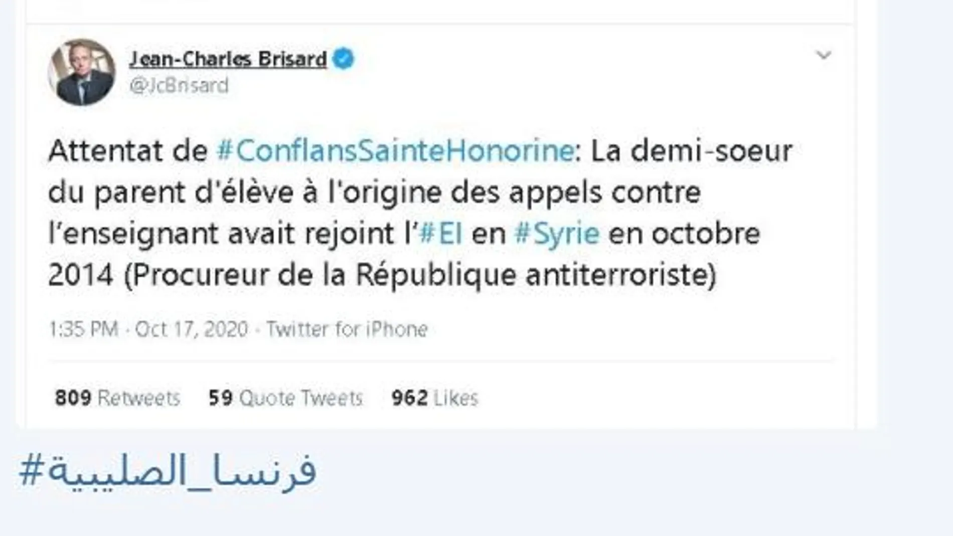 Daesh reproduce un tweet de Jean Carles Brisard, experto en terrorismo y la fotografía de la cabeza decapitada, que LA RAZÓN no difunde