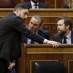 Los diputados de Vox Santiago Abascal, Javier Ortega Smith e Iván Espinosa de los Monteros durante el pleno del Congreso de los Diputados en el que se comienza a tramitar la regulación de la eutanasia, este martes en Madrid.