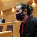 El vicepresidente segundo del Gobierno, Pablo Iglesias, a su llegada a una sesión de control al Gobierno en el Senado