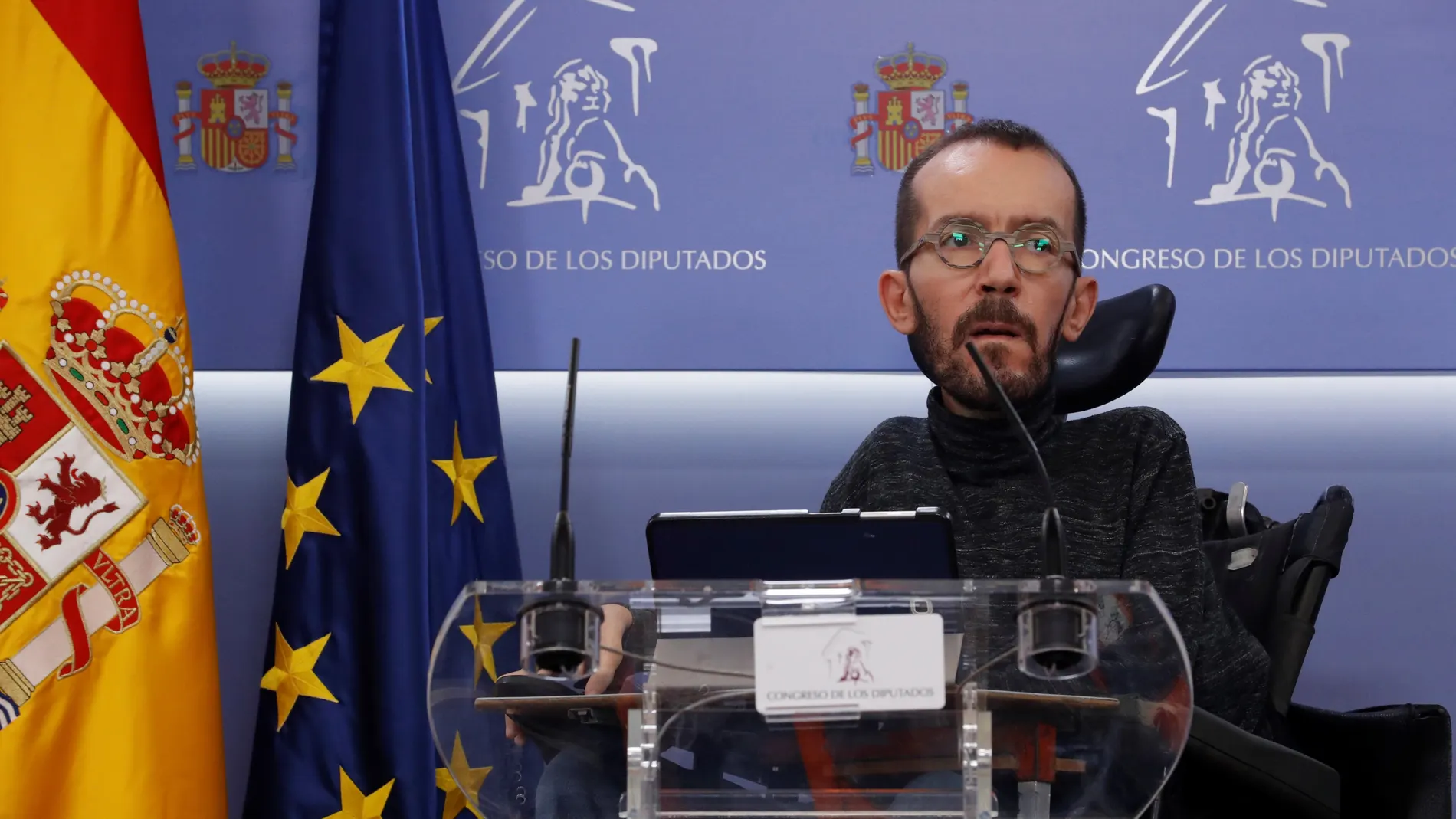 El portavoz de Unidas Podemos en el Congreso de los Diputados, Pablo Echenique, ofrece una rueda de prensa después de la reunión de la Junta de Portavoces del Congreso este martes en Madrid. EFE/ Zipi / POOL
