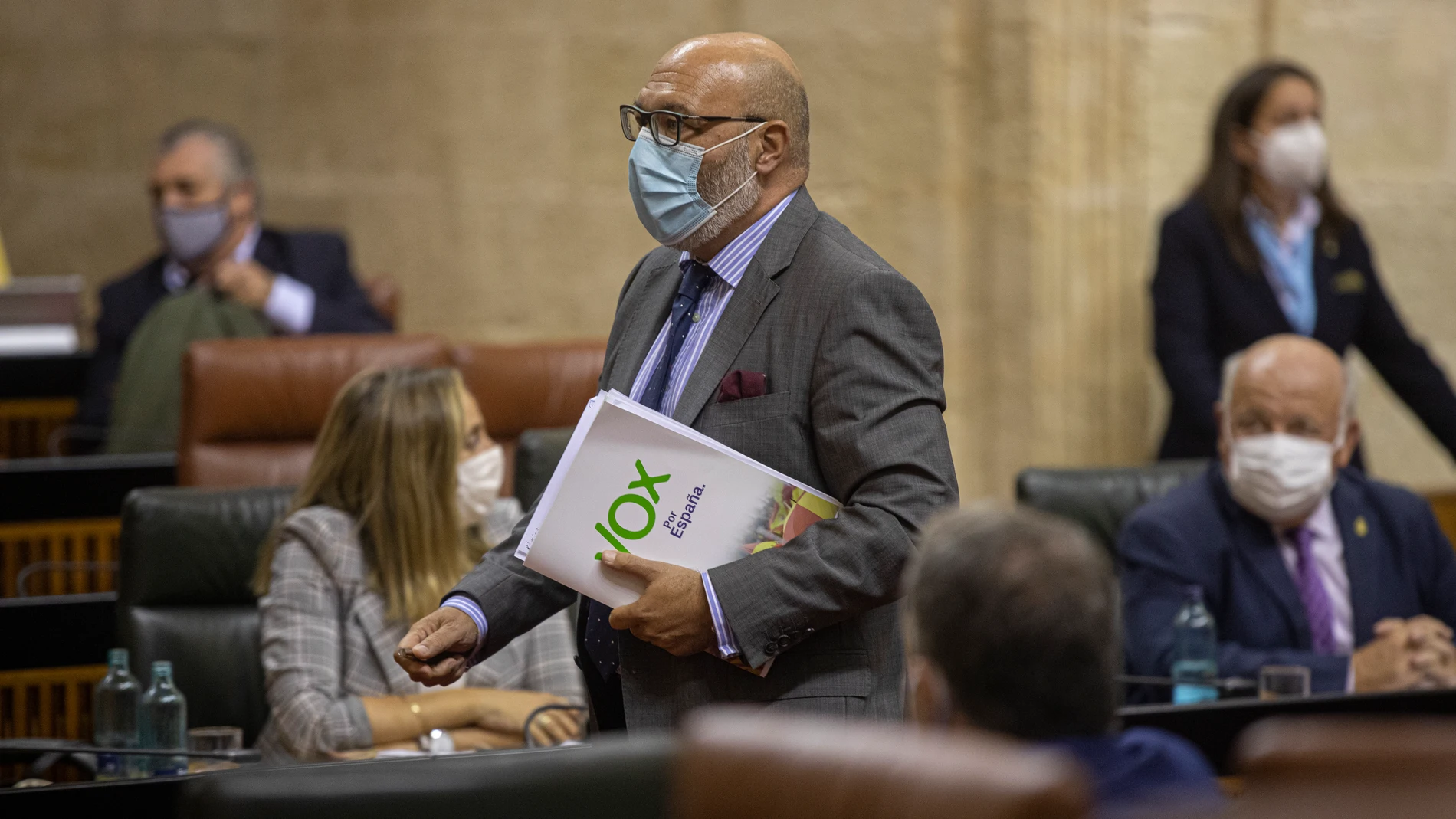 El portavoz del grupo parlamentario Vox, Alejandro Hernández, durante su intervención en el Debate sobre el Estado de la Comunidad en el Parlamento andaluz