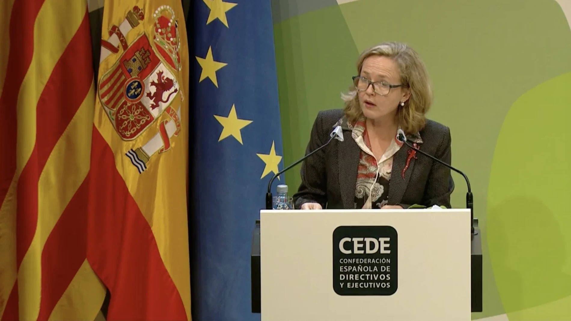 La vicepresidenta tercera del Gobierno, Nadia Calviño, durante su intervención en CEDE