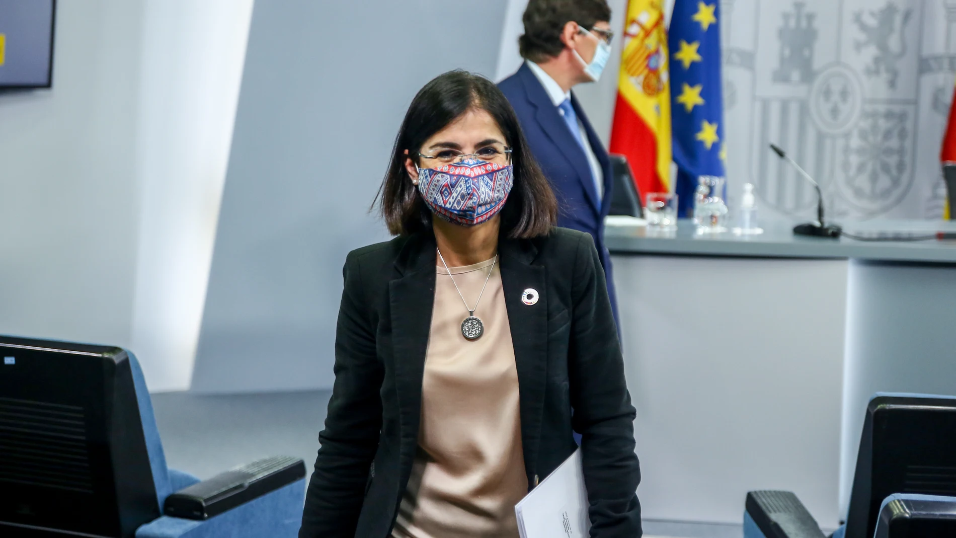 La ministra de Política Territorial y Función Pública, Carolina Darias, tras comparecer en rueda de prensa en Moncloa para informar de la evolución de la pandemia.