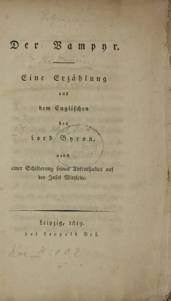 Edición alemana de &quot;El vampiro&quot; de 1819 donde se puede leer el nombre de Lord Byron en vez del de Polidori