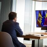 El vicepresidente de la Generalitat en funciones de presidente, Pere Aragonés, durante su participación este lunes en la Conferencia de Presidentes, a la que asistió la presidenta de la Comisión Europea, Úrsula Von der Leyen