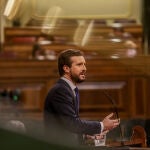 El líder del PP, Pablo Casado, interviene durante una sesión plenaria en la que el Gobierno solicita al Congreso la prórroga del estado de alarma debido a la crisis sanitaria del Covid-19, en Madrid, (España), a 29 de octubre de 2020. Su propuesta incluye la comparecencia del presidente cada dos meses, aunque sin votación, y hasta el 9 de marzo, cuando el Consejo Interritorial de Salud –compuesto por el Ejecutivo y los gobiernos de las comunidades autónomas– decidirá su prolongación hasta el 9 de mayo.
