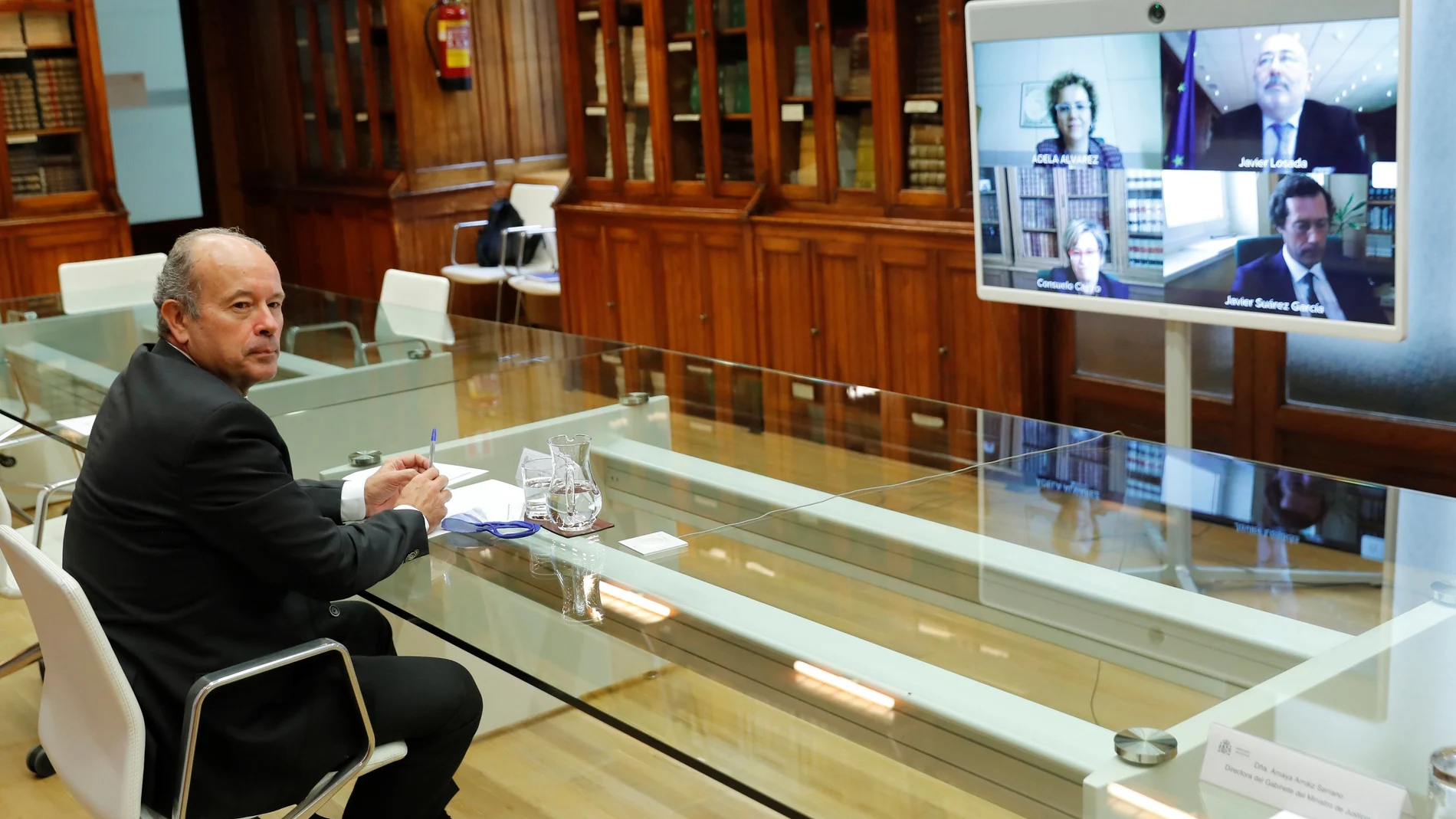 MADRID, 29/10/2020.- El ministro de Justicia, Juan Carlos Campo, durante la reuni�n por videdo conferencia con los abogados del Estado que reclamaron ante la justicia gallega el Pazo de Meir�s para el Estado,hoy en Madrid. EFE/ Chema Moya