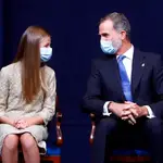 Spain&#39;s Crown Princess Leonor (L) and King Felipe VI during the delivery of Princess of Asturias Awards 2020, in Oviedo, on Friday 16 October 2020.