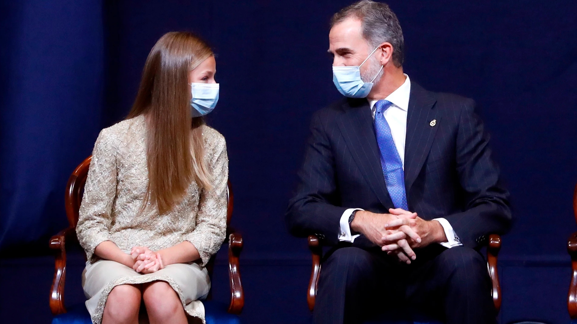 Spain's Crown Princess Leonor (L) and King Felipe VI during the delivery of Princess of Asturias Awards 2020, in Oviedo, on Friday 16 October 2020.