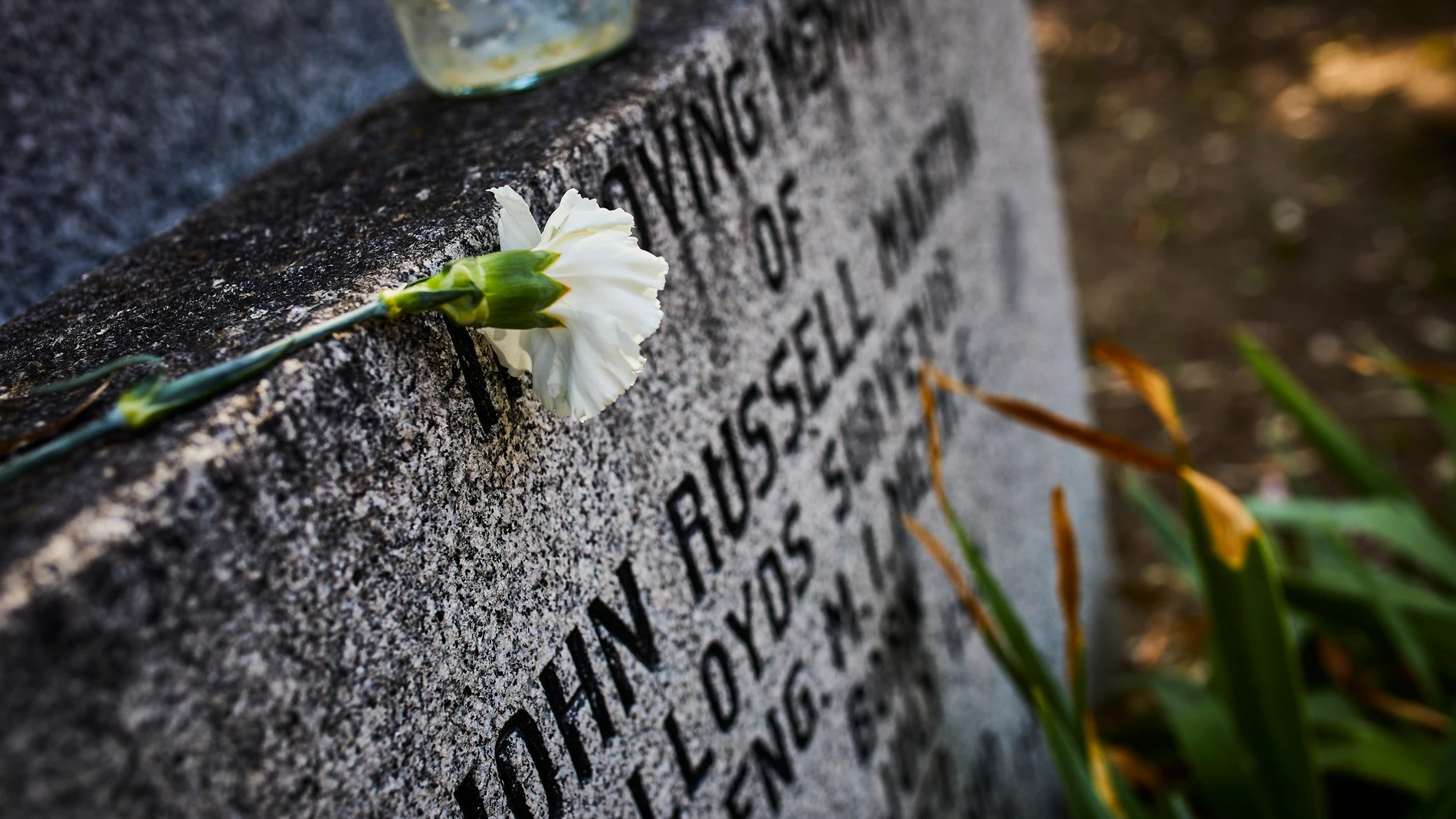 Una rosa sobre una lápida en el recinto del Cementerio Británico, en Carabanchel, Madrid, (España)