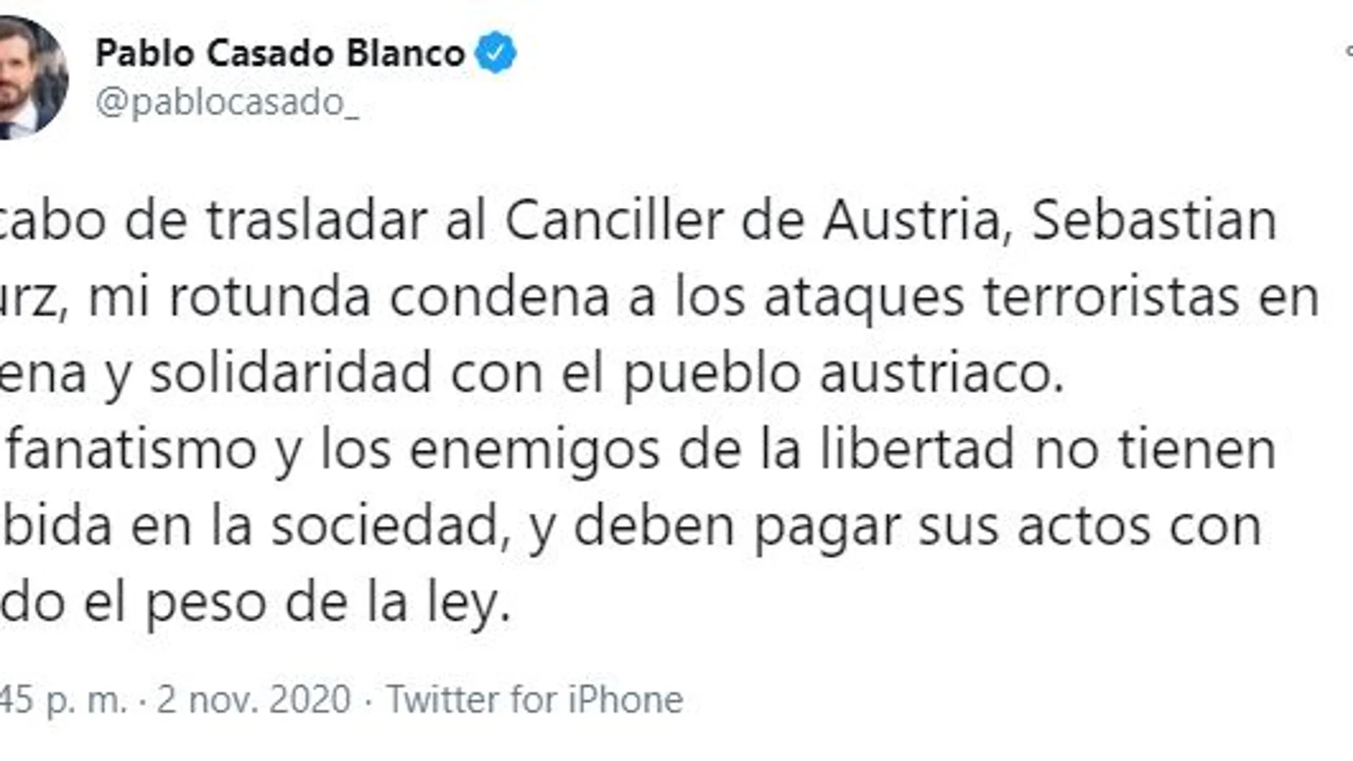 Tweet del líder del PP condenando los atentados