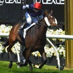 El jockey Jye McNeil monta a Twilight Payment en la Melbourne Cup.