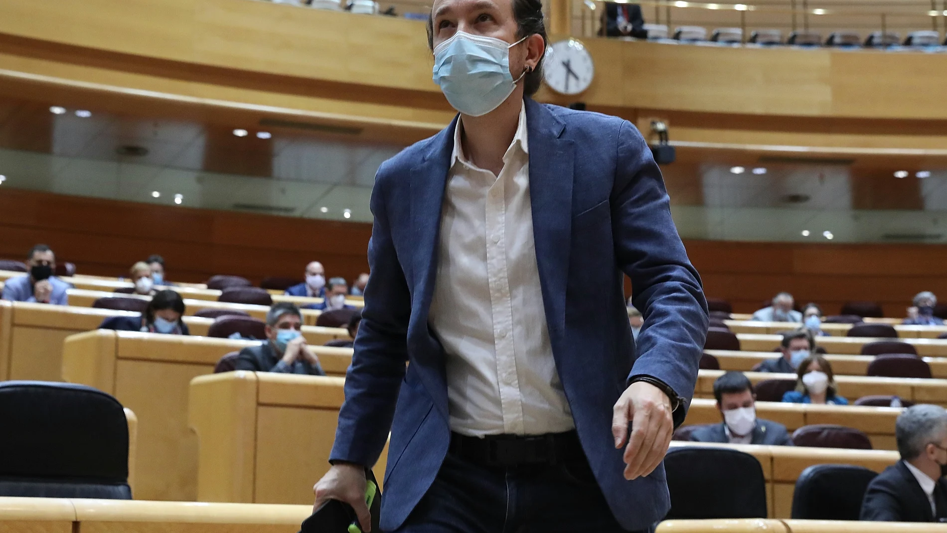 El vicepresidente de Derechos Sociales y Agenda 2030, Pablo Iglesias, interviene durante una sesión de control al Gobierno en el Senado
