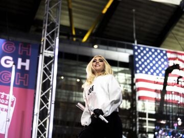 Lady Gaga takes the stage to perform during a drive-in campaign event for Democratic presidential candidate and former Vice President Joe Biden in the parking lot outside of Heinz Field on Pittsburgh's North Shore, Monday, Nov. 2, 2020. (Alexandra Wimley/Pittsburgh Post-Gazette via AP)