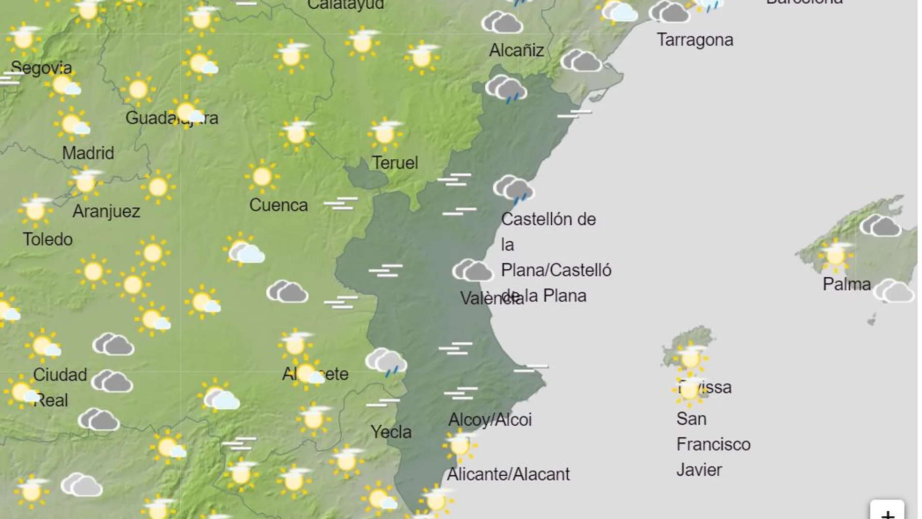 Mapa de la previsión meteorológica de Aemet para hoy en la Comunitat Valenciana