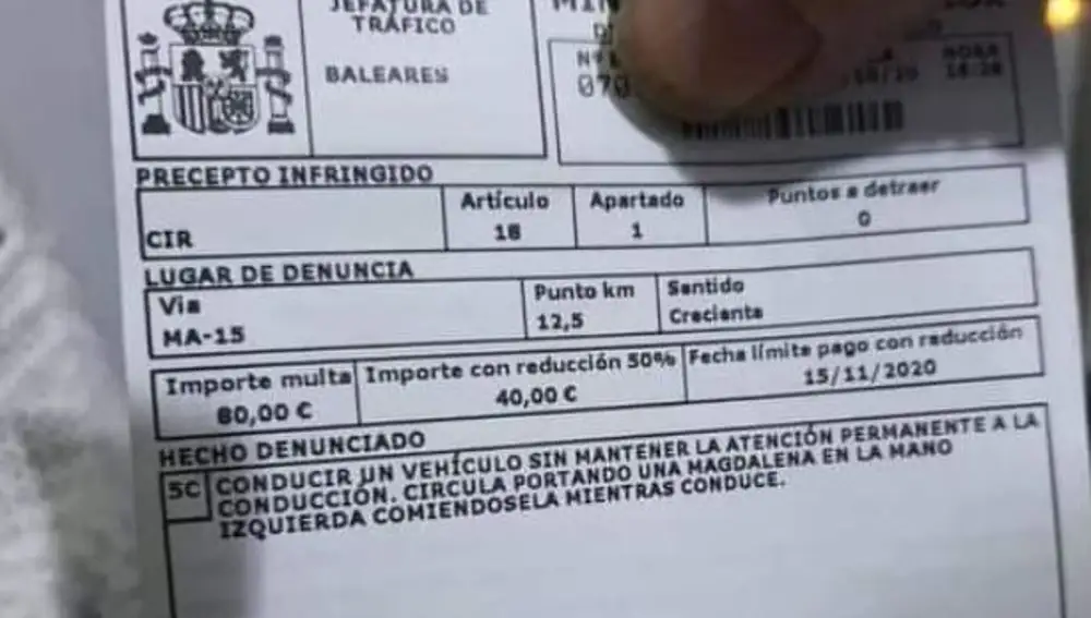 Imagen de la multa impuesta por la Jefatura de Tráfico de Baleares