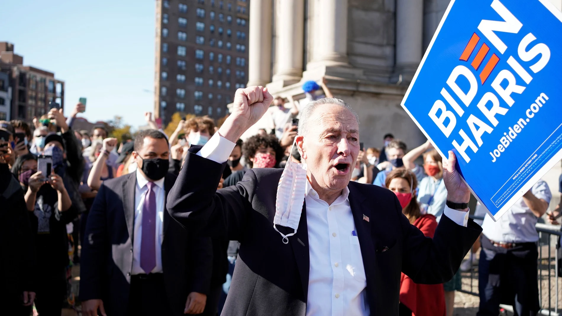 Senate Minority Leader Chuck Schumer (D-NY) celebrates as media announce that Democratic U.S. presidential nominee Joe Biden has won the 2020 U.S. presidential election in the Brooklyn borough of New York City, U.S., November 7, 2020. REUTERS/Dane Rhys