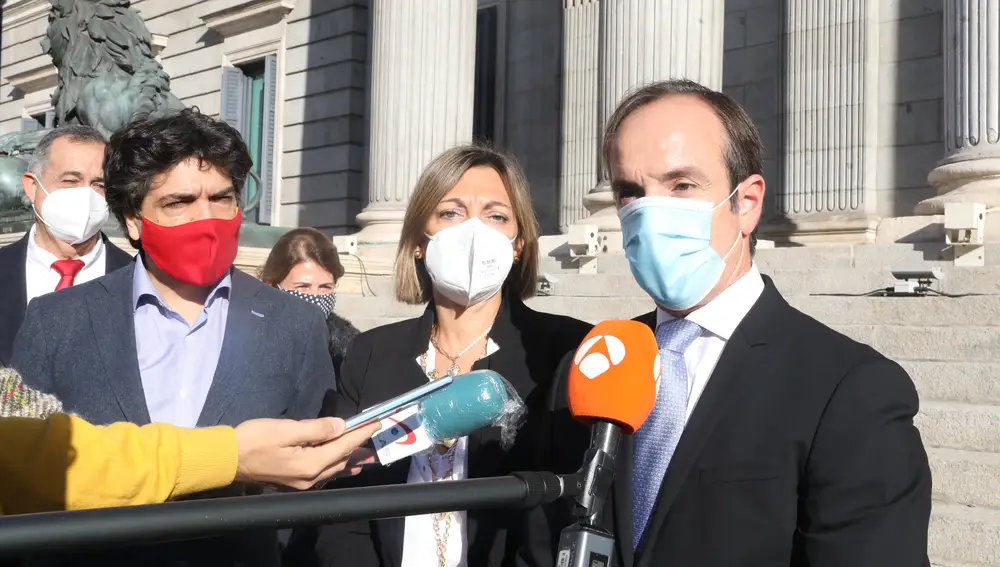 (I-D) ) El portavoz adjunto del Grupo Popular en el Congreso, Mario Garcés; la secretaria de Agricultura del PP, Milagros Marcos; y el director general de la Federación Española de Industrias de Alimentación y Bebidas (FIAB), Mauricio García de Quevedo, realizan declaraciones a los medios de comunicación tras posar en la escalinata de los leones del Congreso junto a representantes del sector agroalimentario afectados por la subida del impuesto a las bebidas azucaradas, en Madrid (España).10 NOVIEMBRE 2020;SUBIDA IMPUESTOS;BEBIDAS AZÚCAR;PARTIDO POPULAREUROPA PRESS/M.FERNÁNDEZ. POOL10/11/2020
