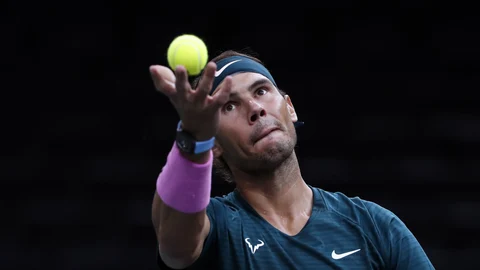Spain's Rafael Nadal serves the ball to Germany's Alexander Zverev during their semi-final game of the Paris Masters tennis tournament in Paris, Saturday, Nov. 7, 2020. (AP Photo/Thibault Camus)