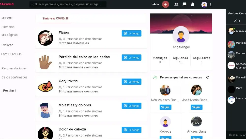 Imagen de la red social en la que se muestra a algunos usuarios y diversas opciones de contacto