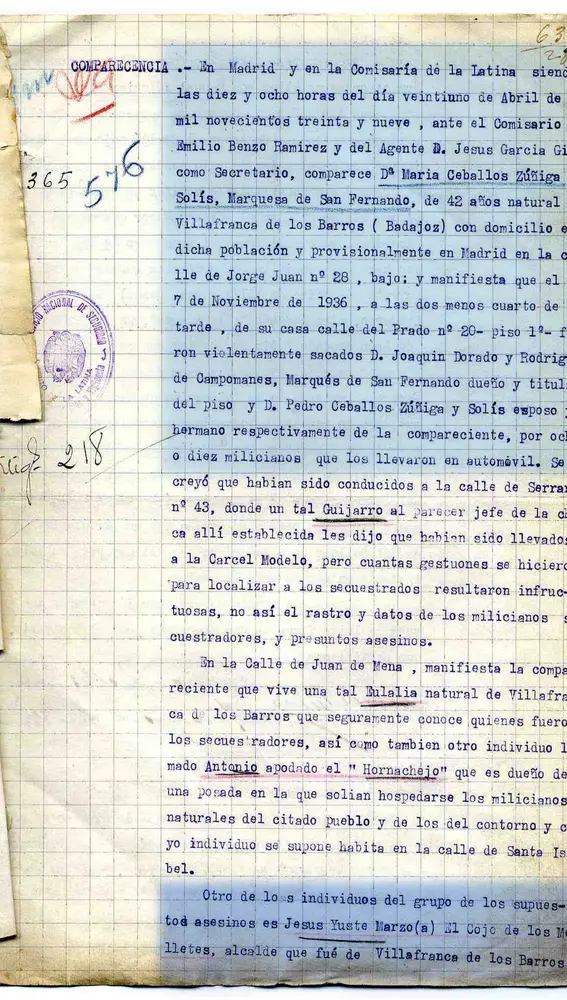 Declaración de María Ceballos Zúñiga, Marquesa de San Fernando