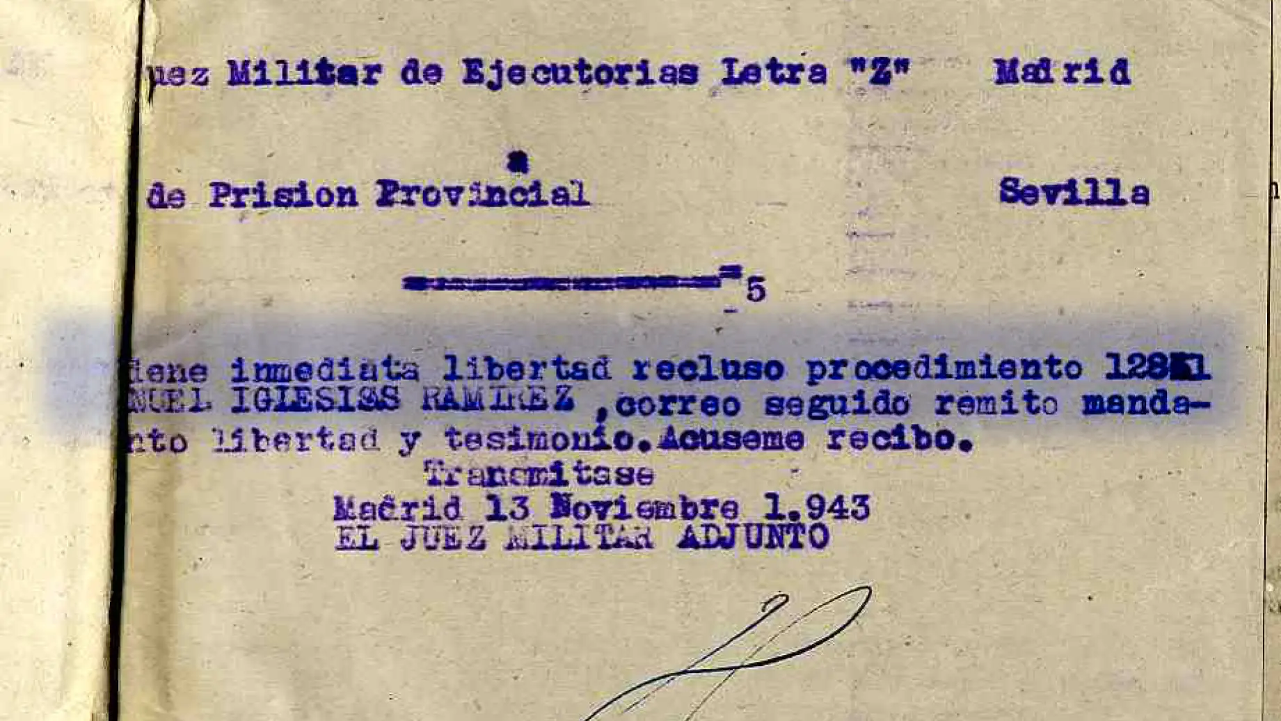 Informe de la Capitanía General que ordena la inmediata libertad del recurso