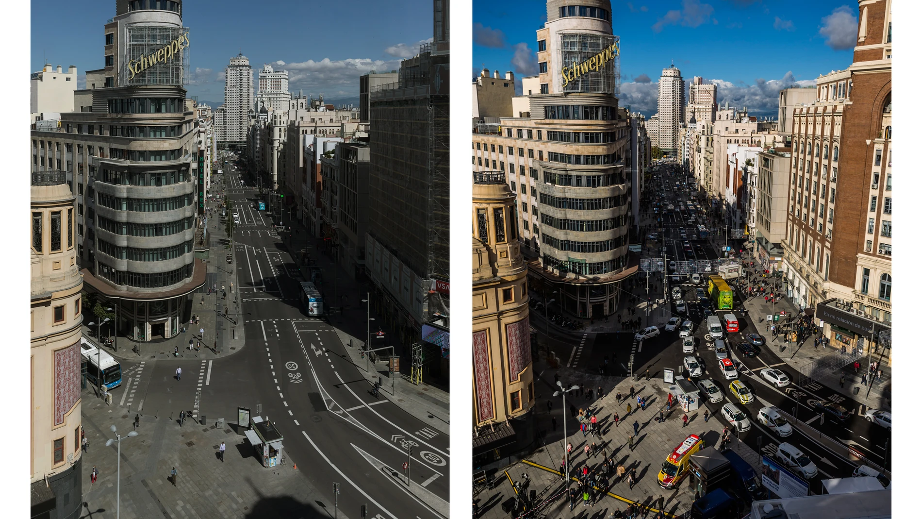 La Gran Vía de Madrid, desértica desde hace unos meses (izda.); a la derecha, el mismo lugar en 2018