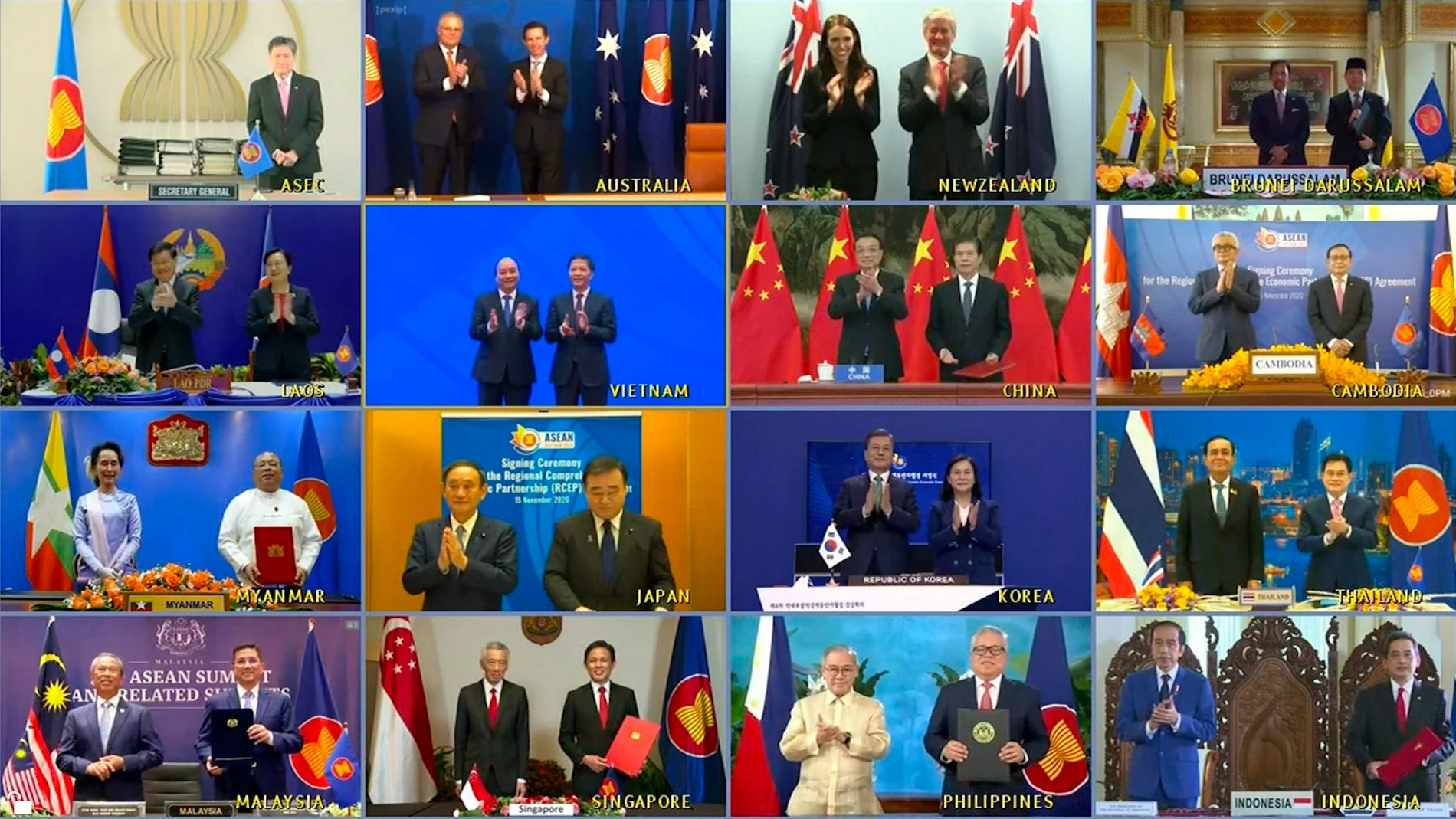 Imagen de la videoconferencia con los líderes y los ministros de comercio de 15 países de la región Asia-Pacífico