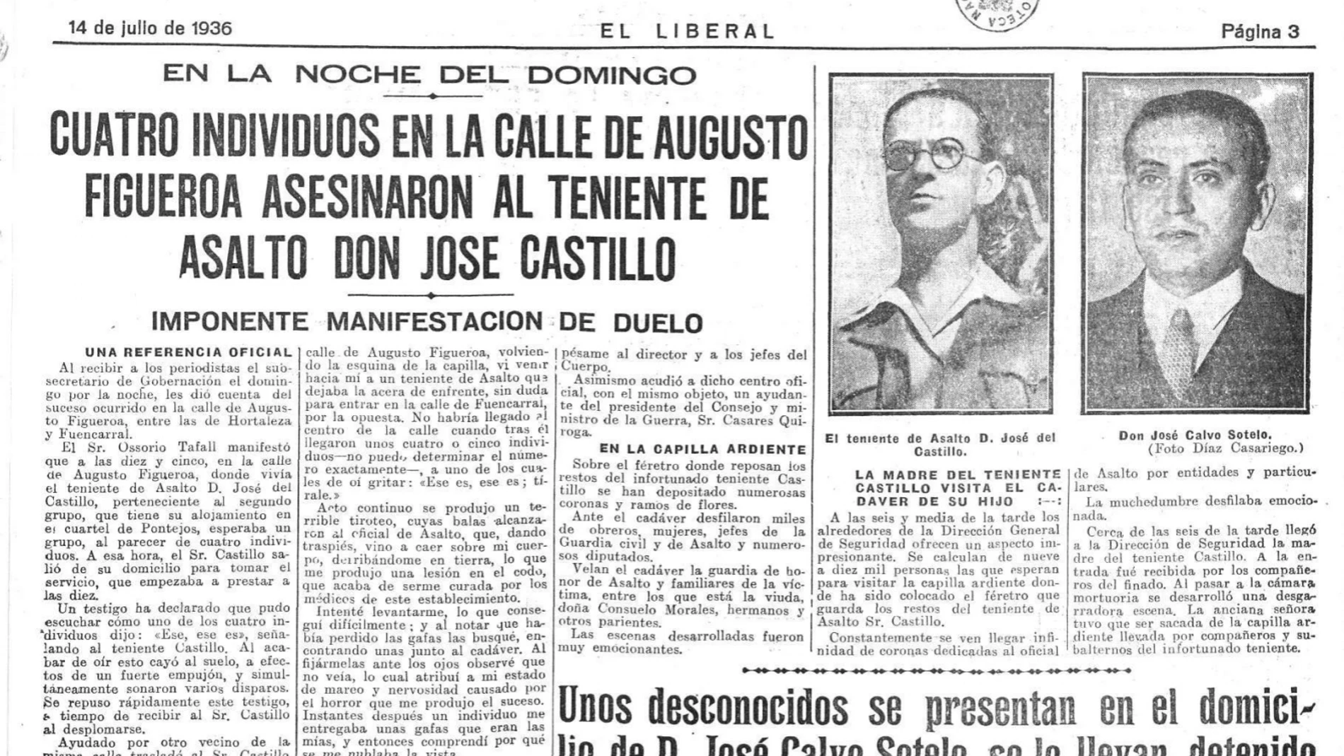 Página del diario "El Liberal" con la noticia de los asesinatos de Castillo y Calvo Sotelo