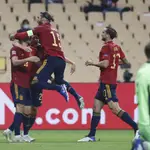 Sergio Ramos celebra uno de los goles de España a Alemania