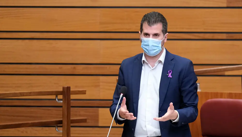 El portavoz del Grupo Socialista, Luis Tudanca,, durante su intervención en el Pleno de las Cortes