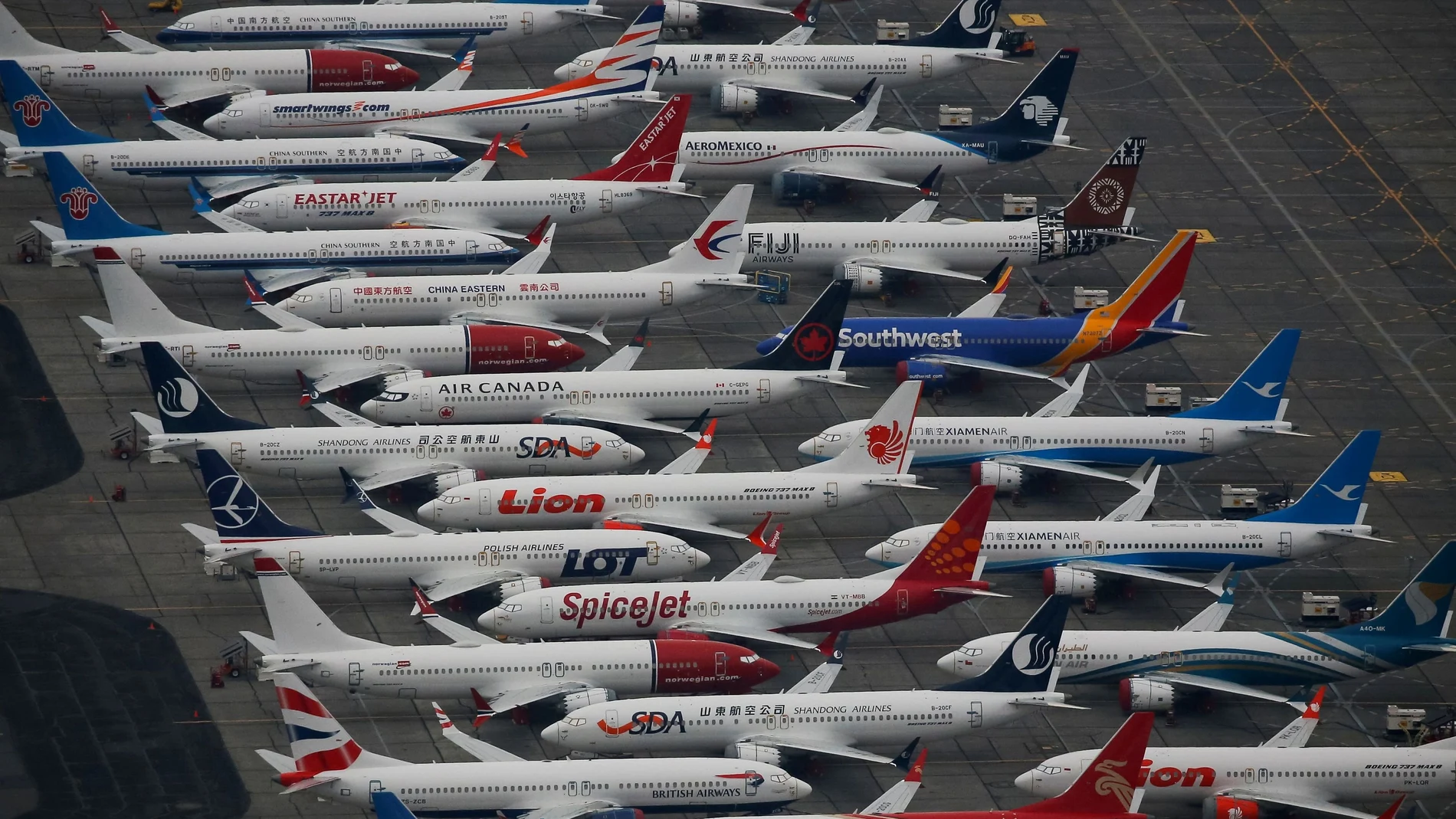Decenas de aviones Boeing 737 MAX parados en el aeropuerto Grant County International en Moses Lake, Washington (EE UU)