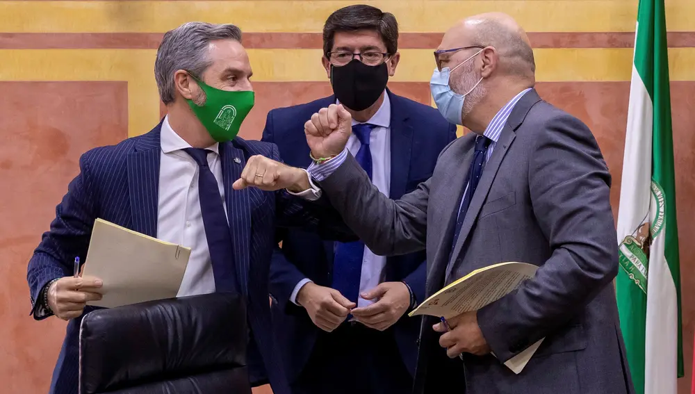 El vicepresidente del la Junta de Andalucía, Juan Marín (c), de Ciudadanos; el consejero de Hacienda, Juan Bravo (i), y el portavoz de Vox en el Parlamento andaluz, Alejandro Hernández (d)
