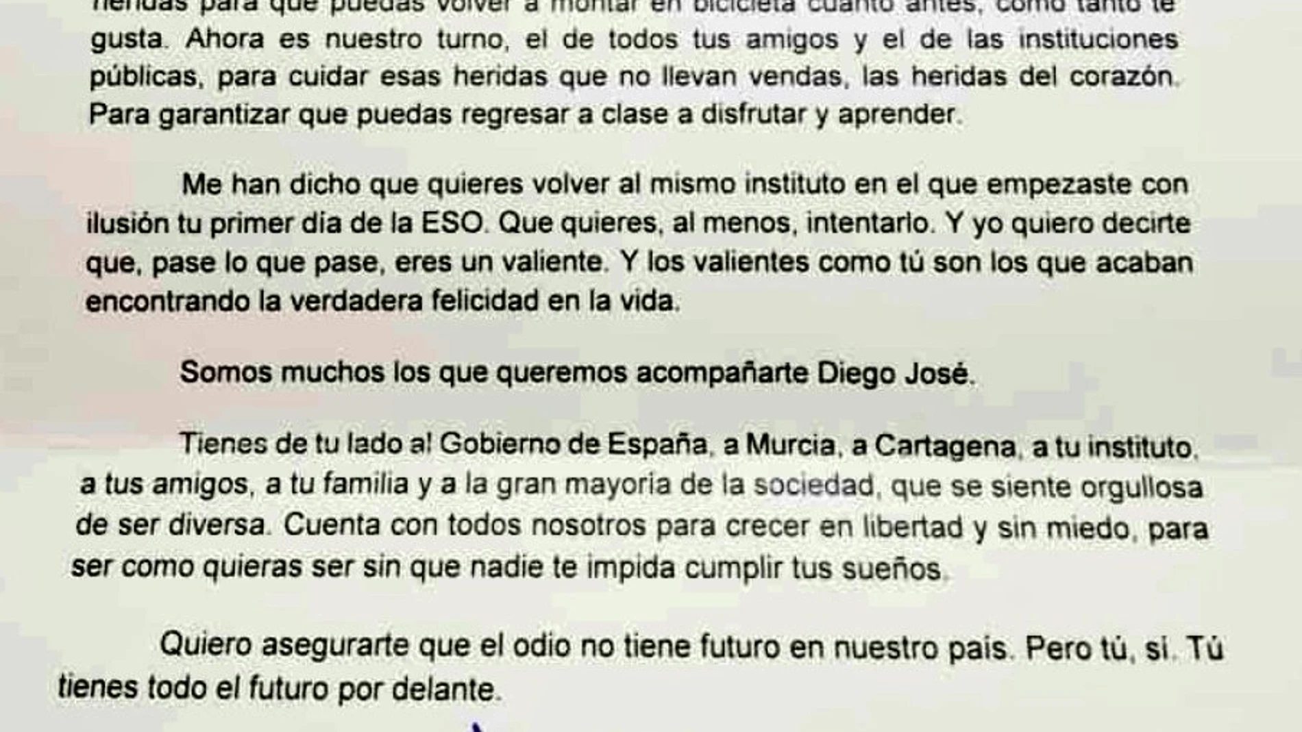 Carta que Pedro Sánchez ha enviado al menor que sufrió una agresión homófoba en Cartagena