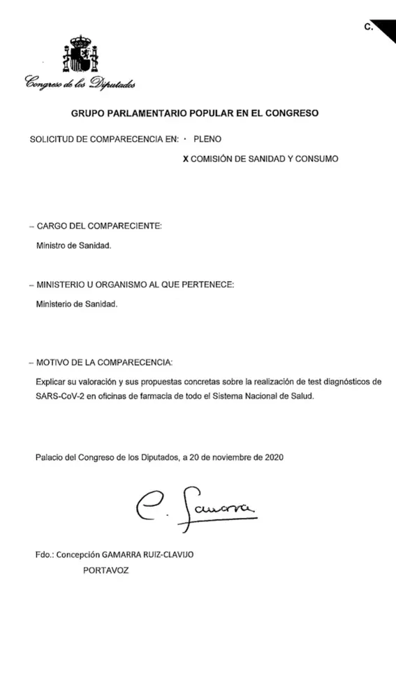 Petición de comparecencia de Salvador Illa presentada ayer en el Congreso de los Diputados por el Grupo Popular