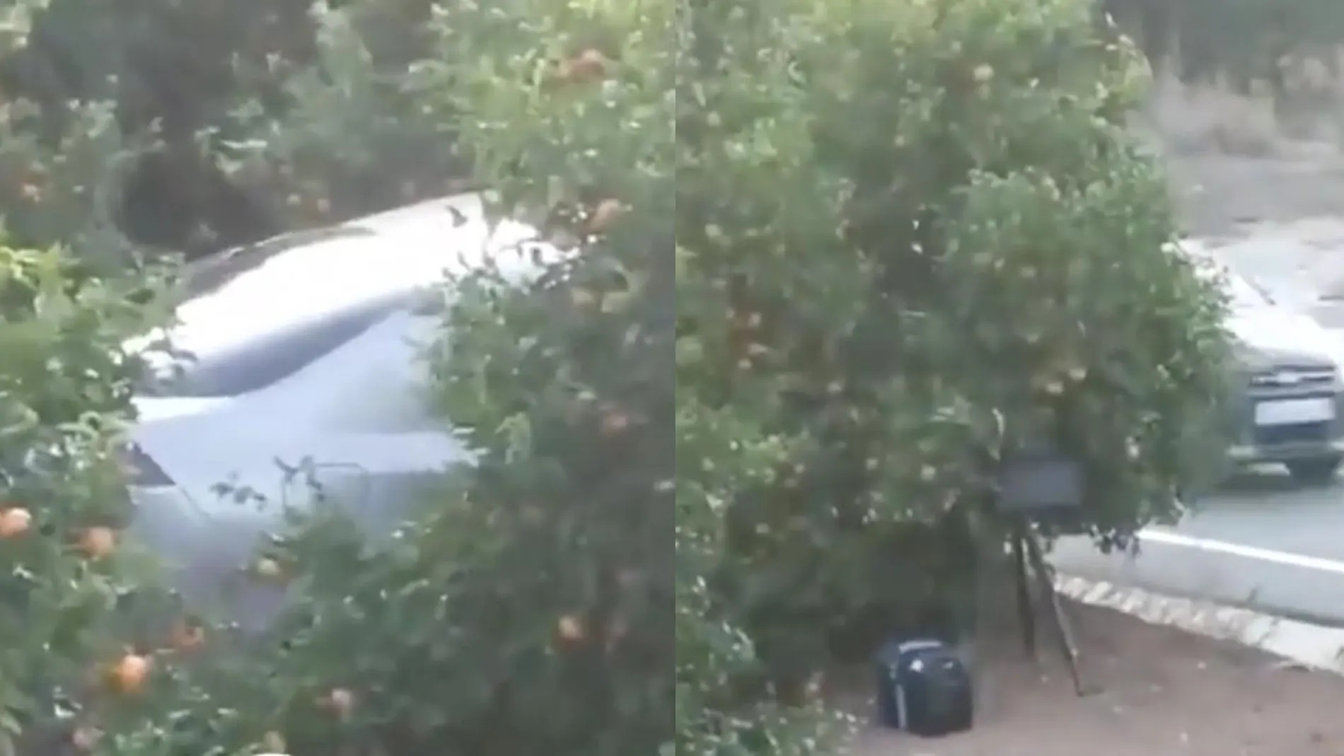 A la izquierda, el coche de la DGT escondido entre árboles para no ser visto. En la foto de la derecha, el radar sancionador